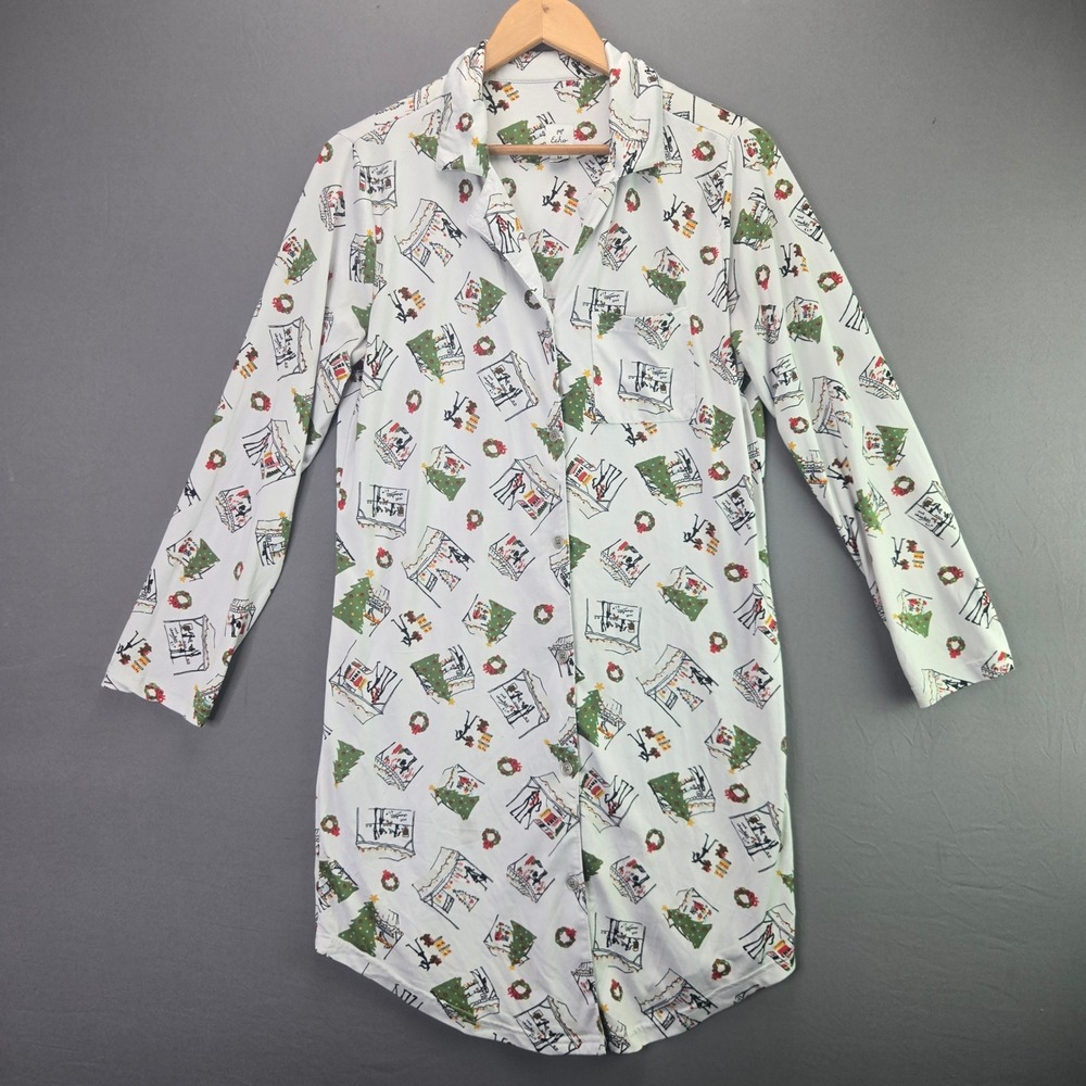 Echo Sleepwear Christmas Nightshirt M White Holiday Tree Button Up Long Sleeve